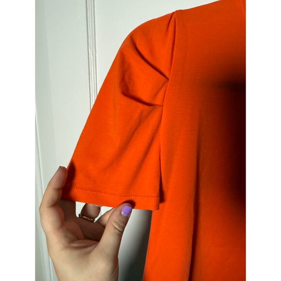 Anonyme Red Orange Crewneck Stretch Short Puff Sleeve Statement Shirt Women's XS - Picture 3 of 7